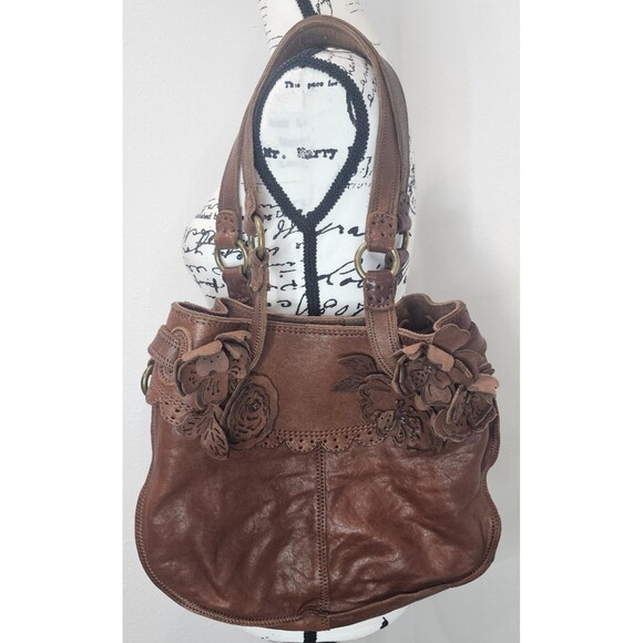 Lucky Brand Handbags - Lucky Brand Handbag Brown Italian Leather Boho Floral Applique Shoulder Bag Rare